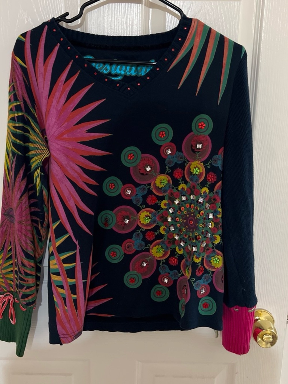 Desigual Women's Navy Floral Mosaic V‑Neck Top